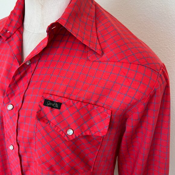 80's Western Wear Shirt - Snap Pearl Buttons Montgomery Wards - Red & Blue Check - Picture 4 of 9